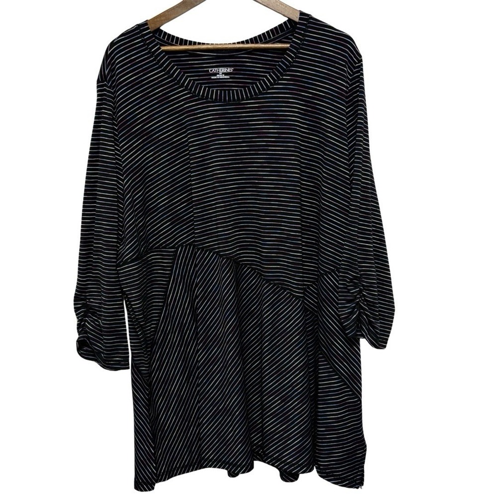 Catherines Tunic Womens 3X 26 Black Colorful Stripe Stretch Knit Comfy Relaxed